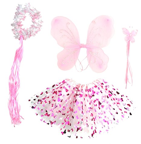 Girls Pink Butterfly Fairy Costume with Wings, Wand and Halo