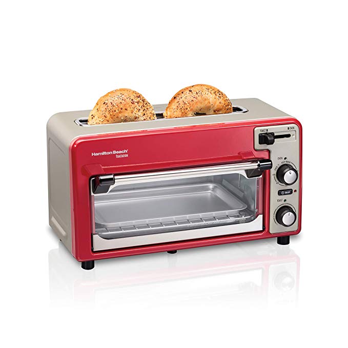 Hamilton Beach 2-in-1 Countertop Oven and 2-Slice Toaster with Extra Wide Slot, Shade Selector, Baking Pan Included, Red (22724)