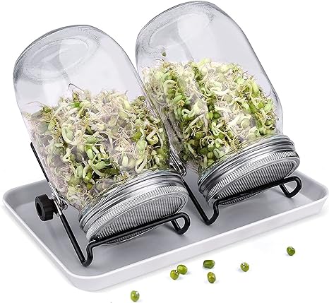 Sprouting Jar Kit, 2 Wide Mouth Mason Jars with Stainless Steel Strainer Lids Stands and Tray Germinator Set, Indoor Seed Sprouter Jar Kit for Growing Broccoli Beans