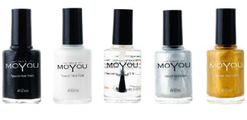 MoYou Nails Classic Colour Bundle of 5 Stamping Nail Polish: Black, Top Coat, White, Silver and Gold Colours Used to Create Beautiful Nail Art Designs Sourced Directly from the Manufacturer