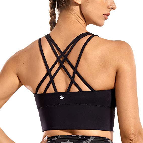 CRZ YOGA Strappy Sports Bras for Women Longline Wirefree Padded Medium Support Yoga Bra Top