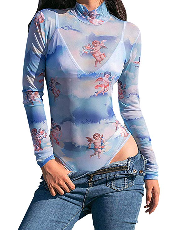 LIUHUAF Womens Long Sleeve Mock Neck Angel Print Turtleneck Sheer Mesh Crop Top