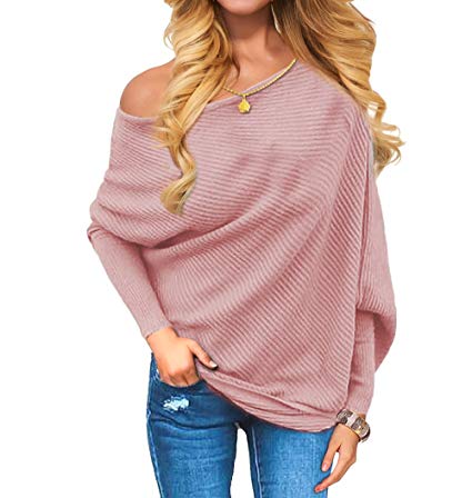 VOIANLIMO Women's Off Shoulder Knit Jumper Long Sleeve Pullover Baggy Solid Sweater