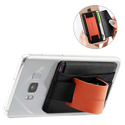 Sinjimoru Phone Grip Card Holder with Phone Stand, Stick on Wallet Functioning as Safety Card Holder for ID/IC Card Useful Leather Phone Stand and Phone Holder. Sinji Pouch B-Grip, Orange.