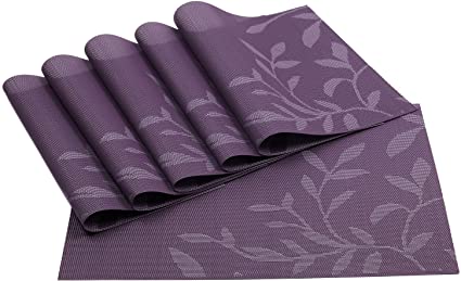 SHACOS Placemats for Dining Table Set of 6 PVC Woven Vinyl Placemats Heat Insulation Table Mats Washable (6 pcs, Purple Leaves)