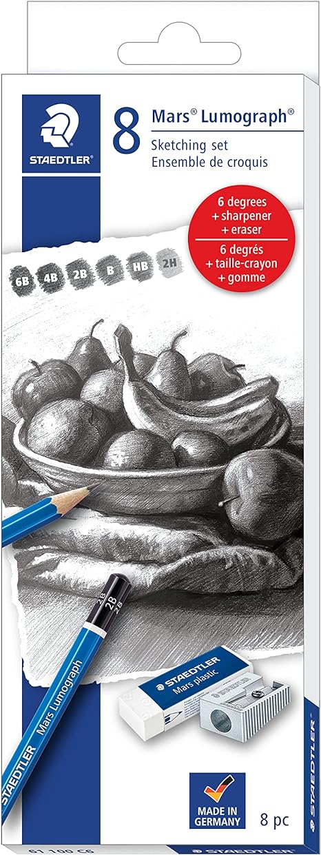 STAEDTLER Mars Lumograph Graphite Artist Sketch Set, 6 Degrees (6B, 4B, 2B, B, HB, 2H), Mini Mars Plastic Eraser, Metal Sharpener 61 100C8LU