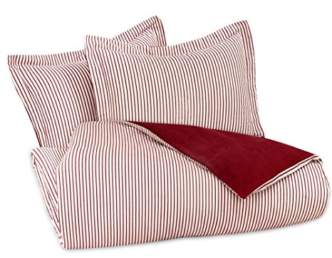 FLANNEL REVERSIBLE DUVET COVER SET by DELANNA 100% Cotton 1 Duvet Cover 86" x 86" and 2 Shams 20" x 20" (FULL/QUEEN, RED)