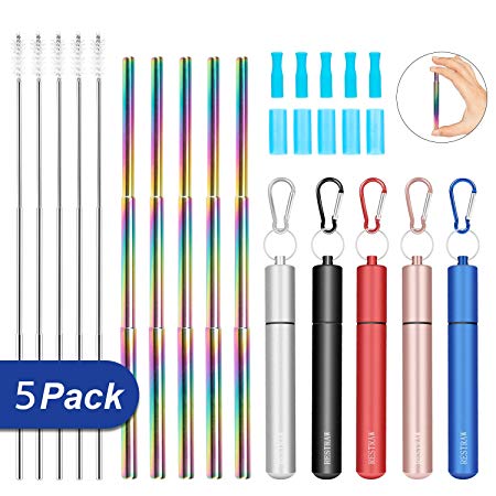 Metal Straws Collapsible Straw Reusable Collapsible Straw keychain metal straw with case,Rainbow Stainless Steel Straws,save the turtles straw foldable straw portable straw(Rainbow-5 PACK)