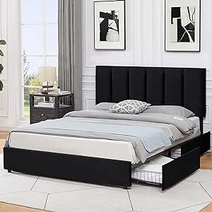 VECELO Queen Upholstered Bed Frame with 4 Storage Drawers and Adjustable Velvet Headboard, Heavy-Duty Platform bedframe, No Box Spring Needed, Black