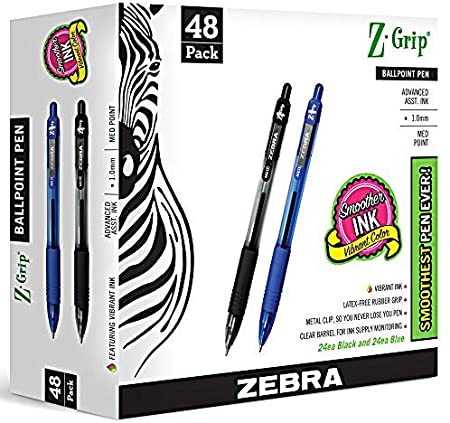 ZEBRA PENS bulk pack of 48 ink pens, Z-Grip Retractable ballpoint pens Medium point 1.0 mm, 24 black pens & 24 Blue pens combo pack