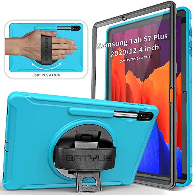 BATYUE Galaxy Tab S7 Plus Case with Screen Protector S Pen Holder Hand Strap Rotating Kickstand, Rugged Heavy Duty Shockproof Case for Samsung Tab S7  12.4" (2020) SM-T970/T975/T976 (Light Blue)