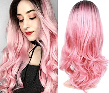 Fani Wigs Long Wave Ombre Pink Wig for Women Halloween Cosplay Wigs Dark Roots Synthetic Full Wig with Free Wig Cap