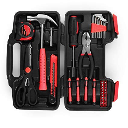 Flexzion Tool Set Box - Hand Tool Kit & Accessories For General Household DIY Home Repair with Plastic Toolbox Storage Organizer Case - Homeowner's Tool Kit (Red & Black)