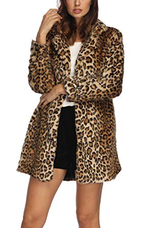 Luodemiss Women's Leopard Faux Fur Coat Winter Outerwear Long Sleeves Warm Jacket Sexy Lapel Overcoat