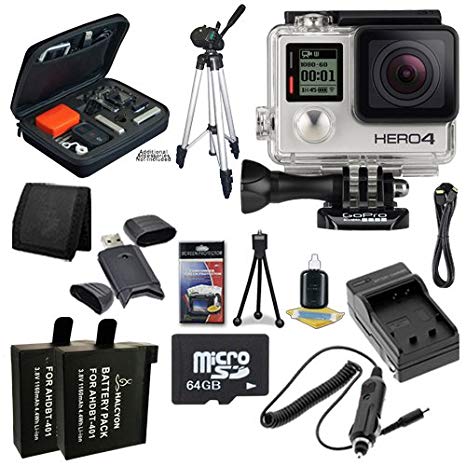 GoPro HERO4 Silver   AHDBT-401 Replacement Lithium Ion Battery   External Rapid Charger   64GB microSD Class 10 Memory Card   Micro HDMI Cable   Custom GoPro Case for GoPro HERO4 and GoPro Accessories   Full Size Tripod   SDHC Card USB Reader   Memory Card Wallet   Deluxe Starter Kit  DavisMAX Bundle 9