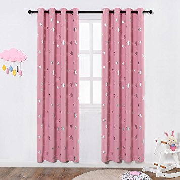 Room Darkening Curtains for Kids Bedroom, Anjee Silver Star Print Thermal Insulated Window Curtains, 52 Inches Wide by 84 Inches Long, Set of 2 Panels, Baby Pink