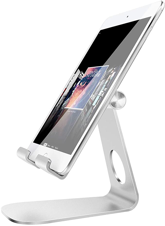 MoKo Tablet Stand, 210 Degree Multi-Angle Rotatable Phone Desktop Holder Fit 12 Pro Max/12 Mini, iPhone 11 Pro Max, iPad 8th 10.2, Air 4 10.9, Air 3, Mini 5, iPad Pro 11, Galaxy Tab S6/S7, Silver