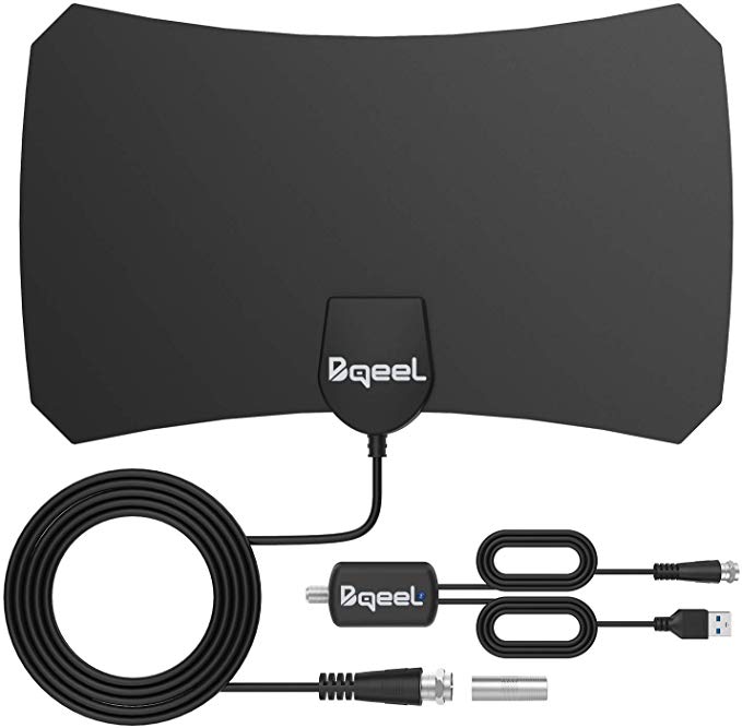 Indoor TV Antenna, Bqeel 130 Miles Range Digital TV Antenna with Amplifier Single Booster Supports 4k 1080P UHF/VHF/Free View Local HDTV Channels and All Types Television, 12ft Coax Cable
