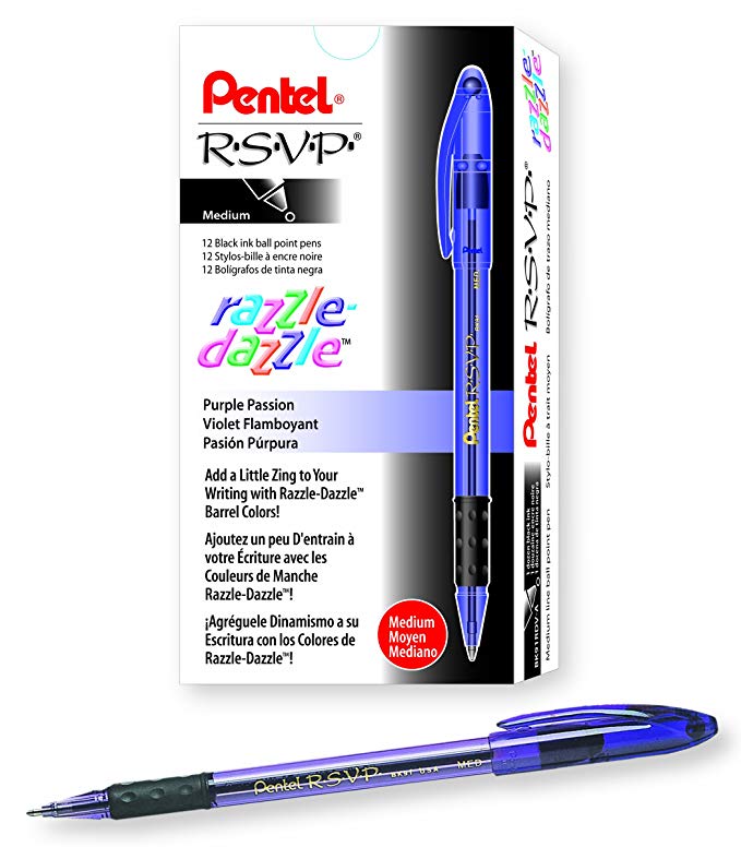 Pentel R.S.V.P. Razzle-Dazzle Ballpoint Pen, Medium Line, Violet Barrel, Black Ink, Box of 12 (BK91RDV-A)