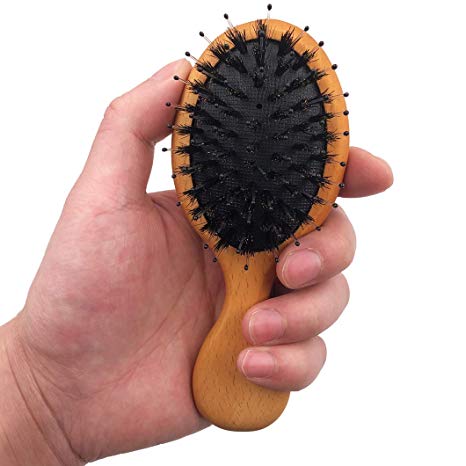 Messen Mini Boar Bristle Hair Brush Natural Beech Wood Handle Cushion Anti-static Massage Detangling-Hairbrush for Pocket/Makeup Bag/Travel/Gift for Kids and Adults