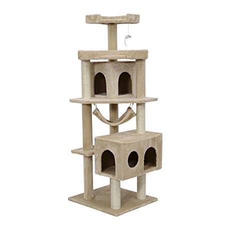 Pawhut 65.2 Inch Cat Tree Scratching Post Pet Furniture with Condo, Hammock, Toy - Beige