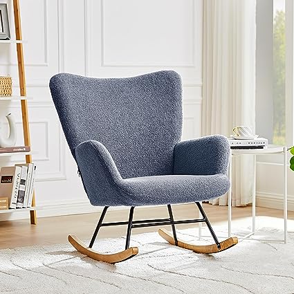 VECELO Rocking Chair, Modern Upholstered Teddy Fabric Nursery Glider with Padded Seat, High Backrest, Armchair and Pocket for Living Room Bedroom Balcony Offices, Grey