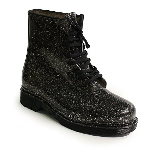 H2K 'RAMONA' Women's [Waterproof] Round Toe Fashion Lace-Up Martin Style Jelly [Rain Boots] Rubber Shoes