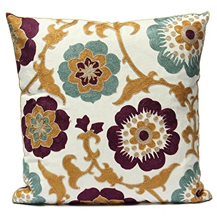 Uniifurn Purple & Teal Blue Flower Embroidered Throw Pillow Covers for Couch, Cushion Cover 17x17 Inches