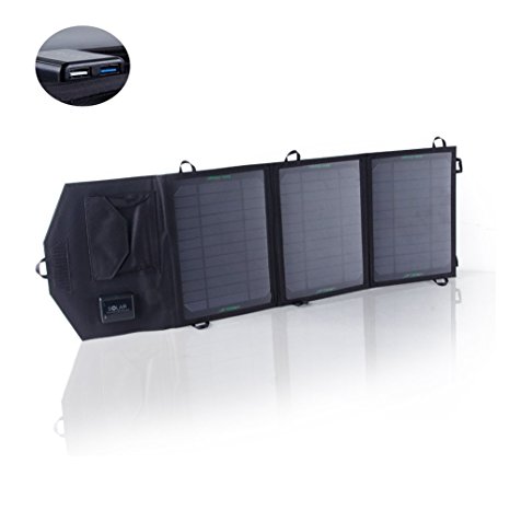SUNKINGDOM™ 19.5W 2-Port USB Solar Charger with Portable Foldable Solar Panel PowermaxIQ Technology for iPhone, iPad, iPod, Samsung, Camera, and More (Black)
