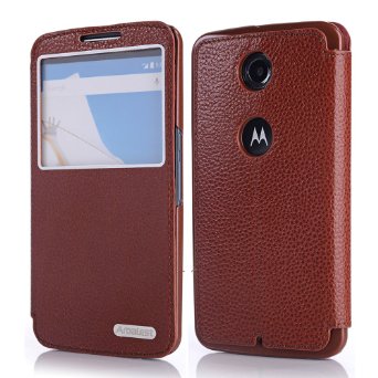 Arbalest Google Nexus 6 Case   Genuine Leather  Premium Protective Stand Feature GENUINE Leather Flip Folio Cover Case with Two Window Views for Motorola Google Nexus 6 - Brown