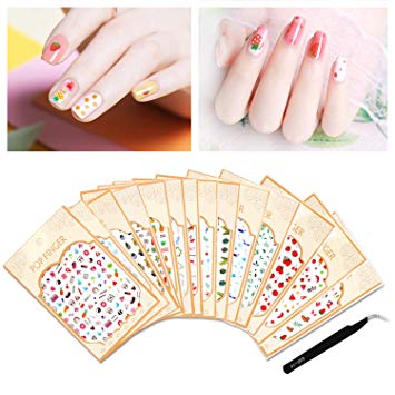 Nail Decals Nail Art Stickers Self adhesive 3D Cute Dolphin Shell Cactus Cherry Leaves Flowers Decals for Women Girls Kids Manicure DIY or Nail Salon with Tweezers 14 Sheets (More than 1200Pcs)