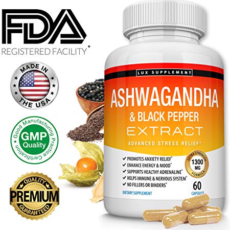 Ashwagandha Root Powder Pills with Black Pepper Extract - 1300 Mg Pure Organic Stress Relief Complex, Enhance Mood & Energy, Healthy Adrenal Support, for Men Women, 60 Capsules, Lux Supplement