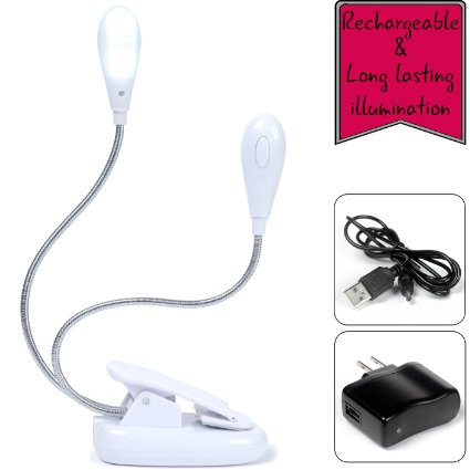 Clip on light, book light & rechargeable led light (adaptator & USB light cable included) with 2 adjustable arms & padded clip on portable lamp - 5 brightness mode for this reading light