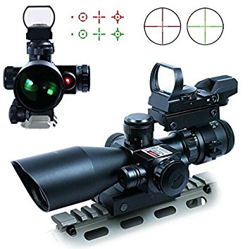 Tworld Rifle Scope 2.5-10x40 Tactical Rifle Scope Dual Illuminated Mil-dot with Red Laser, Rail Mount and 4 Reticle Red and Green Dot Open Reflex Sight with Weaver