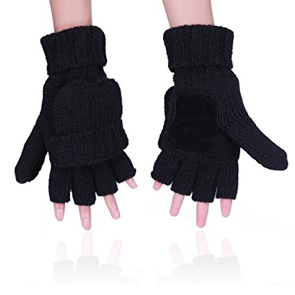 HDE Winter Mittens Knit Fingerless Fliptop Thermal Fleece Gloves w/ Suede Grips