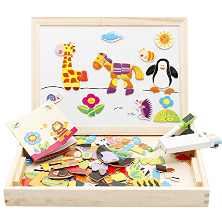 Joyeee Multi-Functional Magnetic Wooden Drawing Board Games with Tray - Early Educational Chalkboard Easel Toys Dry Erase Boards Forest Animal Jigsaw Puzzle - Perfect Christmas Gift Idea