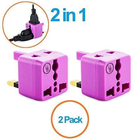 Yubi Power 2 in 1 Universal Travel Adapter with 2 Universal Outlets - Built in Surge Protector - Purple 2 Pack - Type G for United Kingdom, England, Hong Kong, Ireland, Scotland, Saudi Arabia, & more