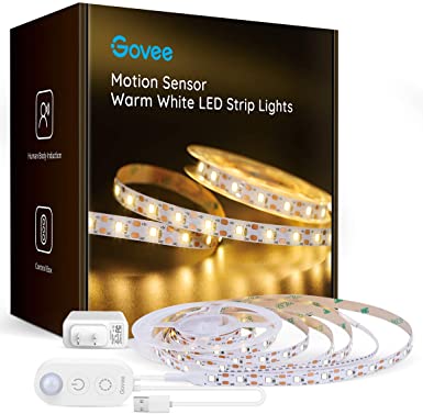 Govee LED Strip Lights, 6.56ft 3000K Warm White Flexible Under Counter Lighting with Motion Sensor and ETL Adapter, Dimmable Under Cabinet LED Lighting Kit for Kitchen Closet Bookshelf Desk Counter