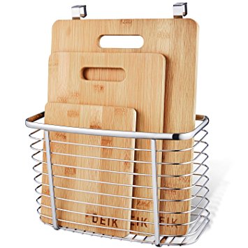 Cutting Board, DEIK Bamboo Cutting Board Set, Kitchen Chopping Board Set of 3 Packed with A Stainless Steel Storage Wire Basket Holder, Organic and Anti-bacteria