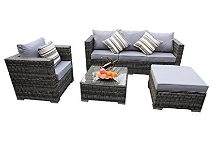 YAKOE Rattan 5-Seater Garden Furniture Sofa Table Chairs Set with Fitting Furniture Cover - Grey Weave