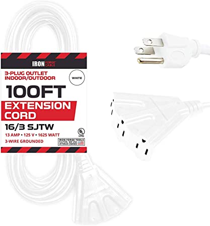100 Ft Outdoor Extension Cord with 3 Electrical Power Outlets - 16/3 SJTW Durable White Cable with 3 Prong Grounded Plug for Safety