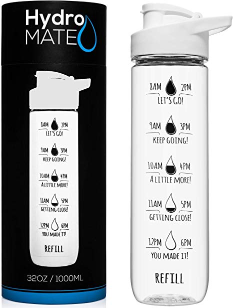HydroMATE 32 Oz Motivational Water Bottle with Time Marker | Leak Proof Flip Lid | Non Toxic BPA-Free | Track Intake & Drink More Water Daily | To-Go Travel & Home | 1 Liter (White)