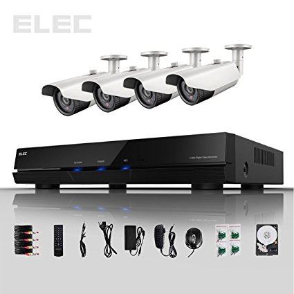 ELEC 4Ch Channel HDMI 960H H.264 CCTV DVR with 500GB Hard Drive and 4 Bullet 700TVL Outdoor Cameras Realtime CCTV Network Security Home Surveillance System Free E-cloud