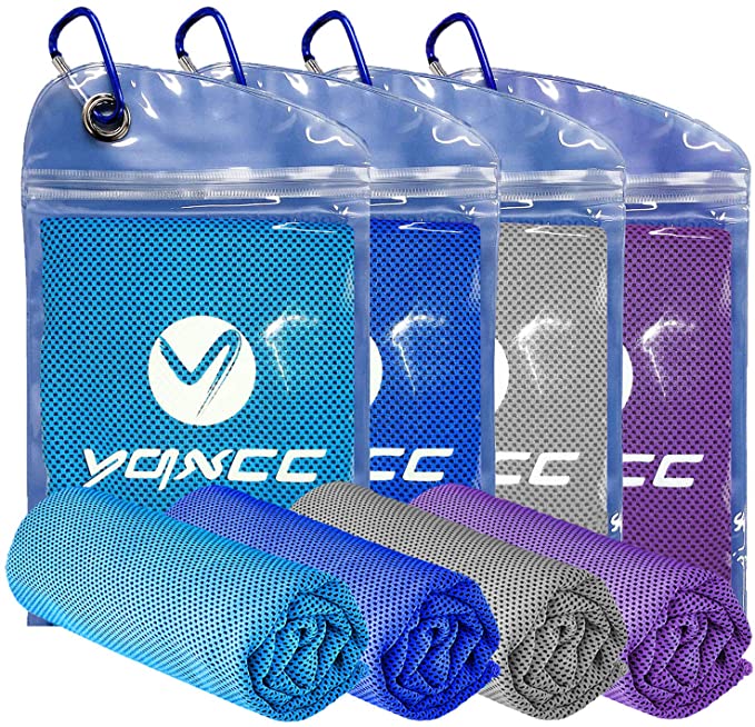 YQXCC Cooling Towel 4 Packs (47"x12") Microfiber Towel Yoga Towel for Men or Women Ice Cold Towels for Yoga Gym Travel Camping Golf Football & Outdoor Sports (Light Blue/Purple/Dark Blue/Light Gray)