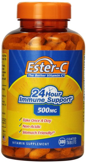 Ester-C 24 Hour Immune Support 500 mg Non-acidic Stomach Friendly Coated Tablets 300-Count