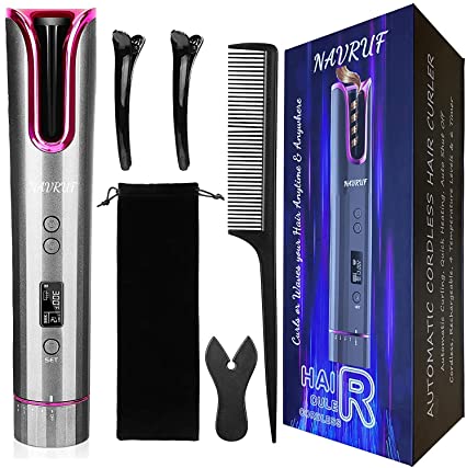 Auto Hair Curler, NAVRUF Wireless Curling Iron with LCD Display and Timer for All Hair Types, Fast Heating Automatic Hair Roller, Auto Shut-Off Curling Wand