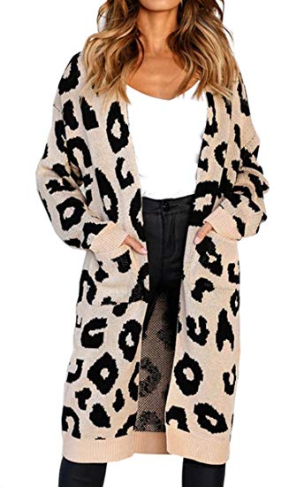 Angashion Women's Long Sleeves Leopard Print Knitting Cardigan Open Front Warm Sweater Outwear Coats with Pocket