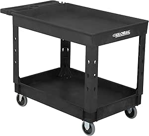 Global Industrial Industrial Service & Utility Cart, Plastic 2 Tray Black Shelf, 44” x 25-1/2”, 5" Rubber Casters