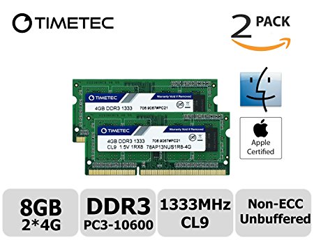 Timetec Hynix IC Apple 8GB Kit (2x4GB)  DDR3 1333MHz PC3-10600 SODIMM Memory upgrade For MacBook Pro 13/15/17 inch Early/Late 2011,iMac 21.5-inch Mid/Late 2011,27-inch Mid 2011,Mac mini 5,1 & 5,2 Mid 2011 (High Density 8GB Kit (2x4GB))