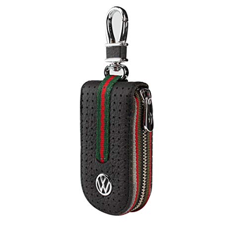 Leather Car Smart Key Chain Universal Key Holder Bag Black Zipper Case Cover Wallet Bag Shell Fob Ring (Volkswagen)